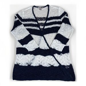 Roz & Ali Loose Knit Navy White Strip Long Sleeve Light Cardigan Women's Medium